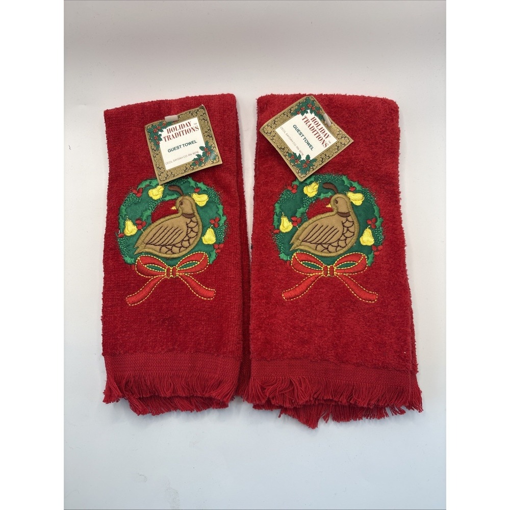 Vtg Holiday Traditions Christmas Guest Fingertip Towels Red Quail Wreath NOS